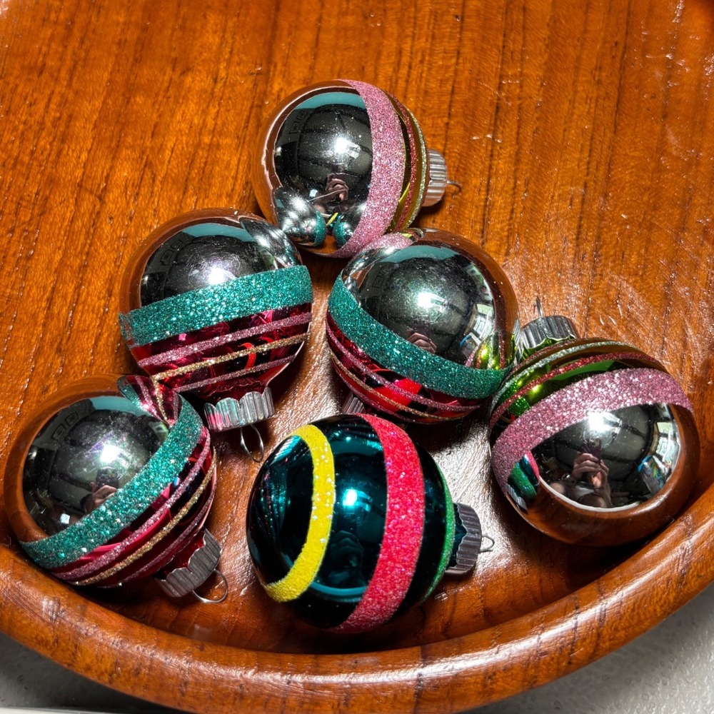 Christopher Radko Shiny Brite Ornaments Multicolor Glitter Striped Glass Set 6